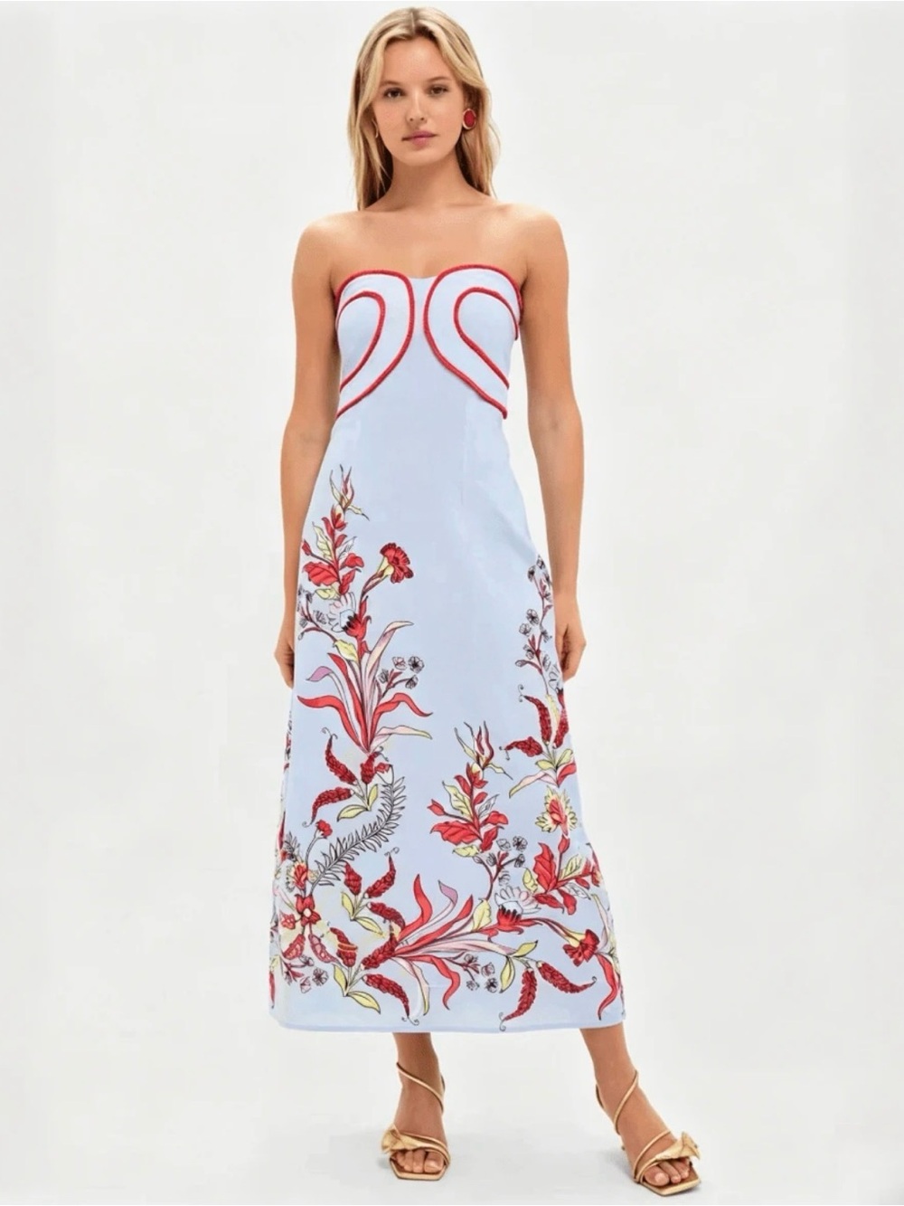 New Strapless Floral Embroidered Midi Dress in Light Blue and Red- Small
